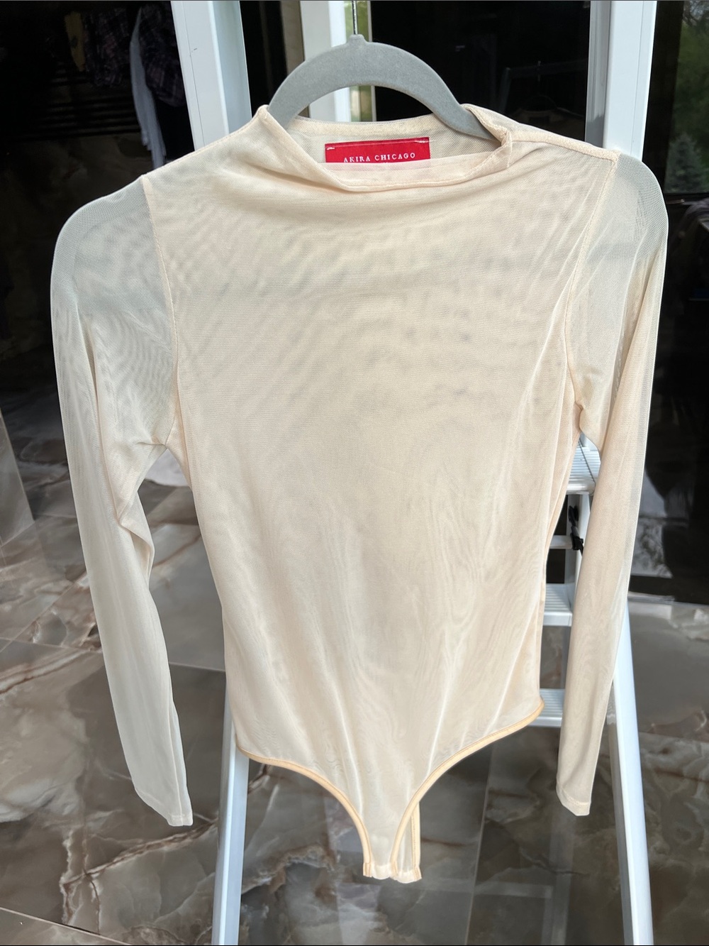 AKIRA Sheer Long Sleeve Nude/Tan Mesh Bodysuit